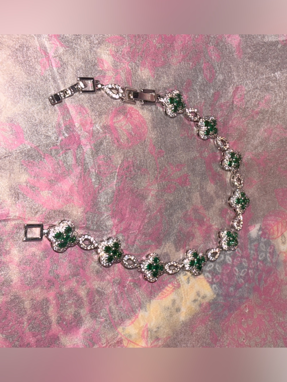 Silver Green Clover Tennis Bracelet – Removable Extender (Brand New!)